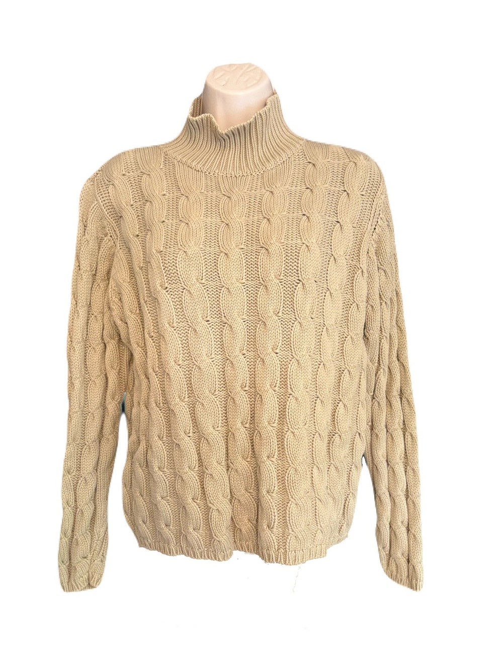 L.L. Bean Cable Knit Turtleneck Sweater in Light Tan